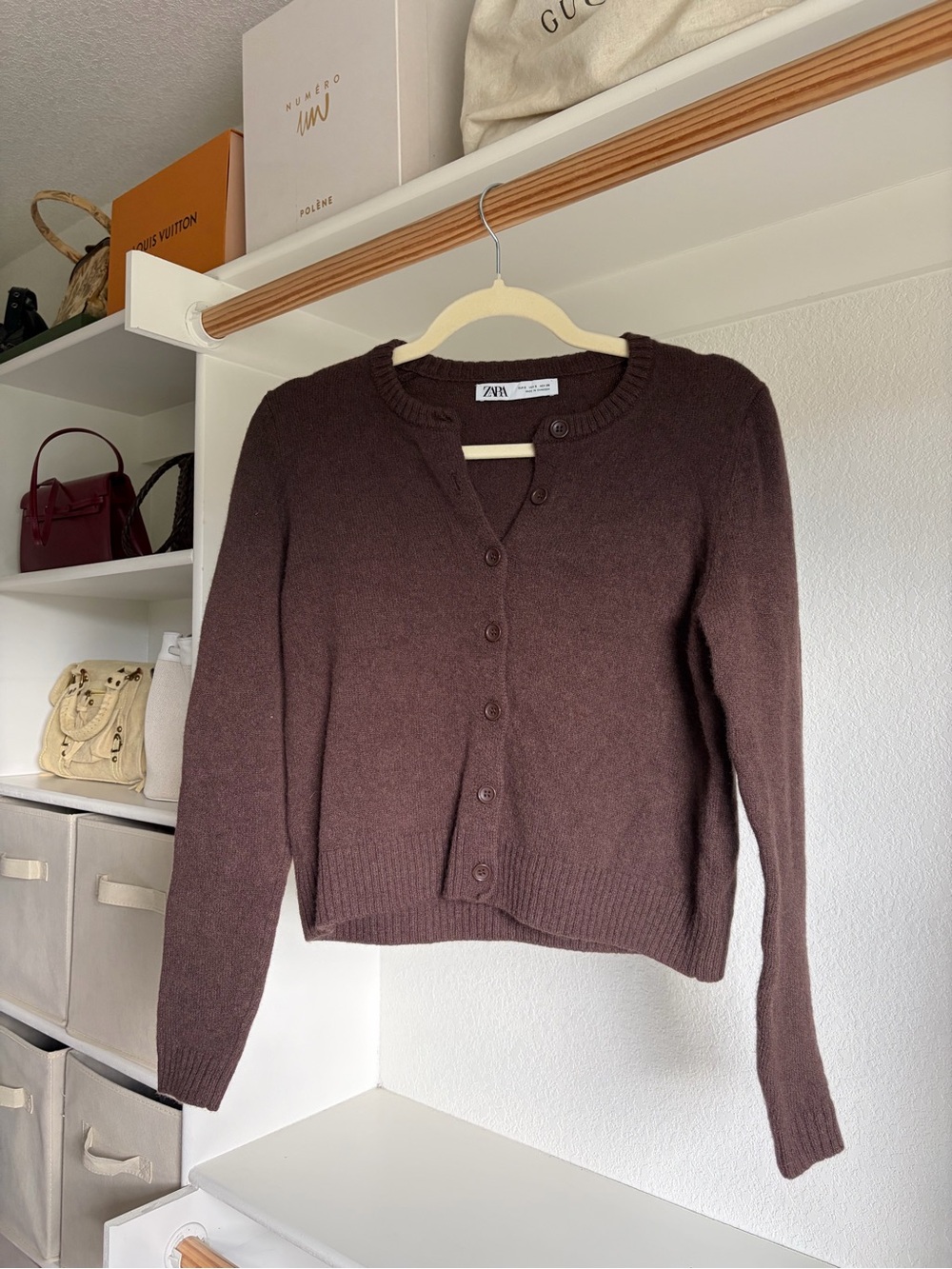 100% Wool Cardigan - Zara Women's Brown Button-Front Knit Sweater